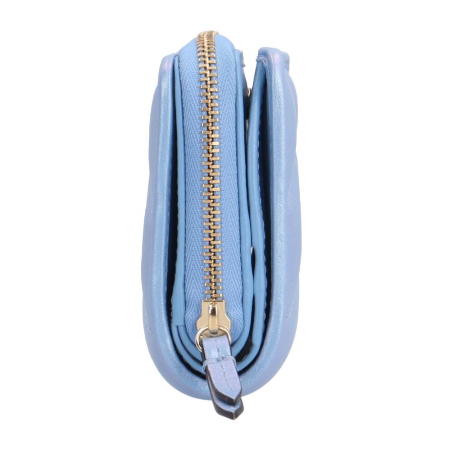 【美品】グッチ 二つ折り財布 ライトブルー マーモント ゴールドロゴ レディース 美品】グッチ 二つ折り財布 ライトブルー キャンバス フローラ