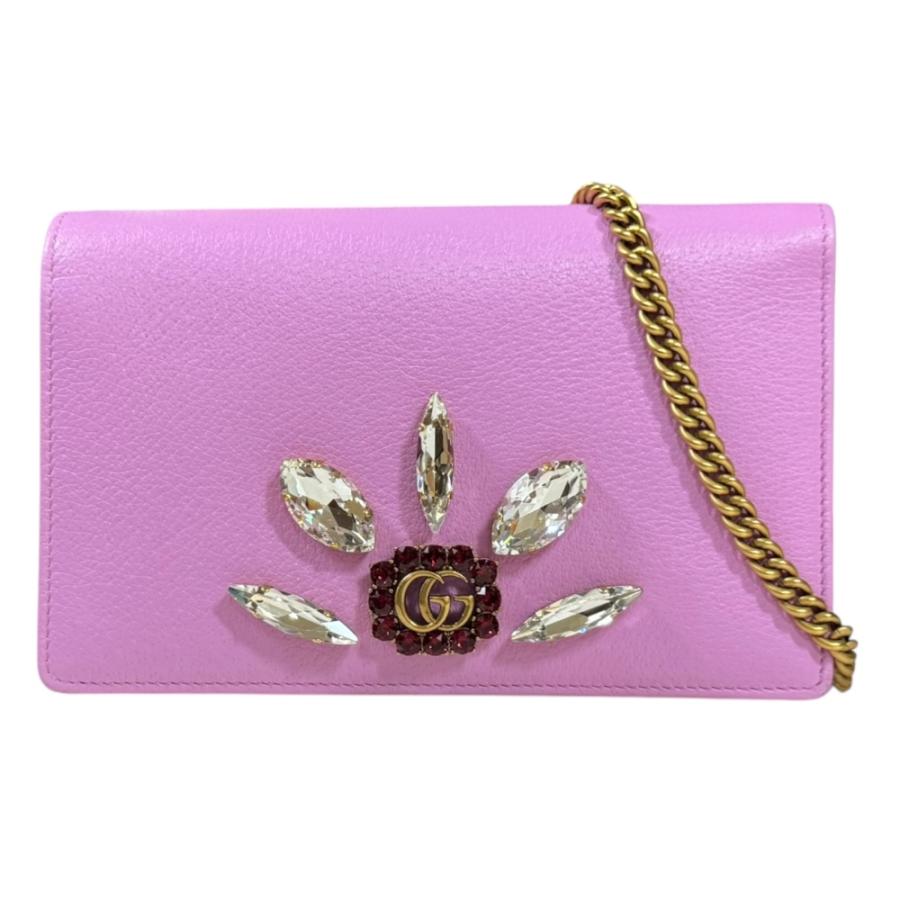 グッチ クリスタルビジュー GGマーモント ショルダーバッグ レザー 499782 ピンク レディース GUCCI  中古 R&Kリサイクルキング GUCCI（グッチ） クリスタルビジュー GGマーモント ショルダーバッグ