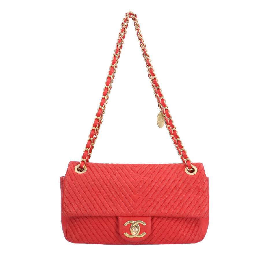 シャネル Vステッチ ショルダーバッグ レザー レッド レディース CHANEL  中古 CHANEL（シャネル） Vステッチ ショルダーバッグ レザー レッド