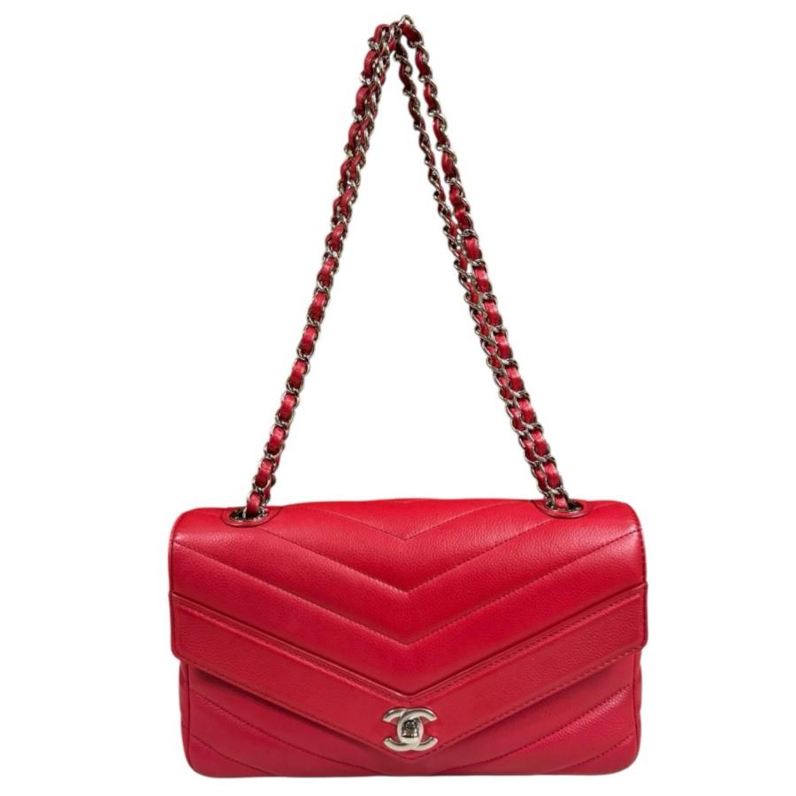 中古 シャネル CHANEL 26番台 レディース ショルダーバッグ Vステッチ レッド カーフスキン CHANEL（シャネル） Vステッチ ショルダーバッグ レザー レッド