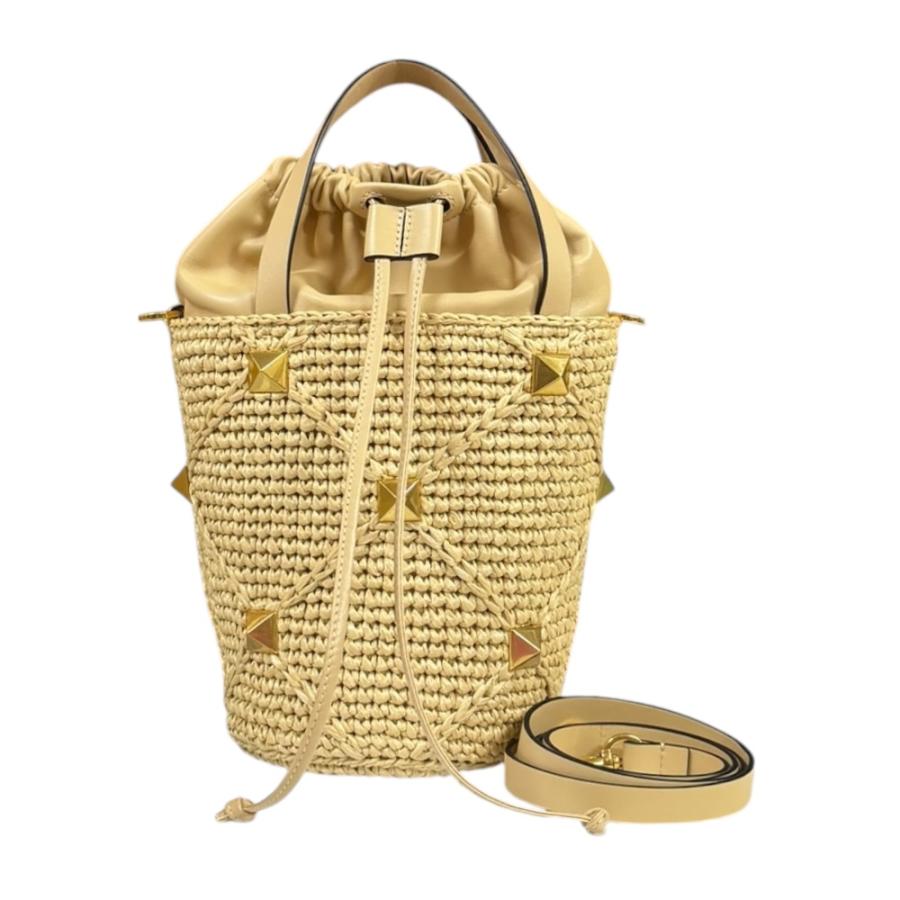 ヴァレンチノ ローマンスタッズバケットバッグ ショルダーバッグ ラフィア ベージュ レディース Valentino  中古 ヴァレンチノ ローマンスタッズバケットバッグ ショルダーバッグ