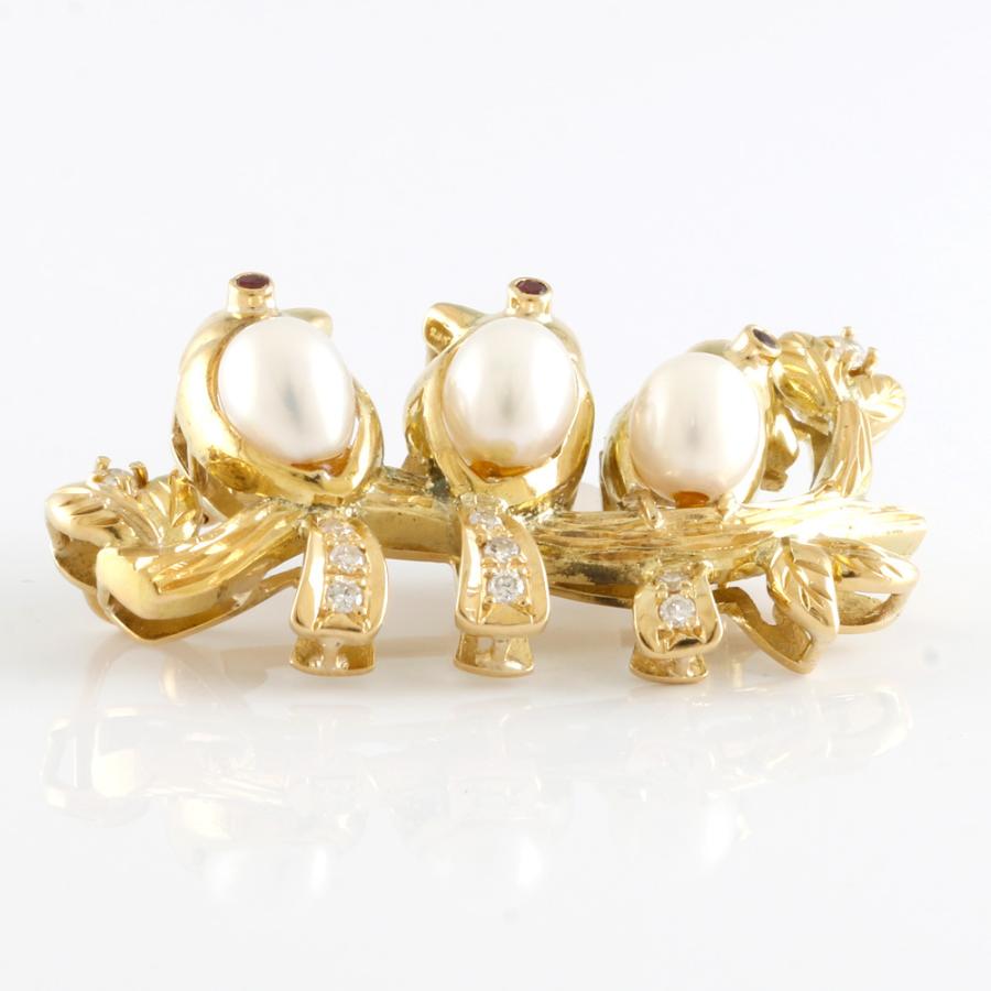 18KT パールとルビーのブローチ