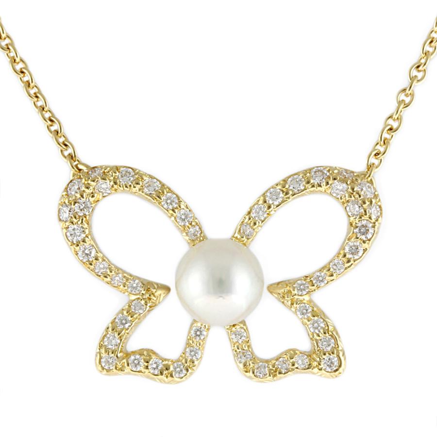 ミキモト MIKIMOTO K18 ネックレス パール ダイヤモンド バタフライ 蝶 