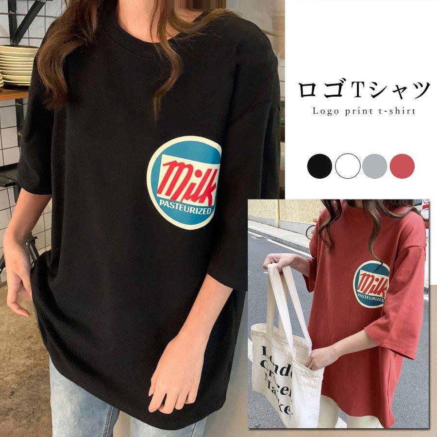レディースロゴtシャツロングt半袖カットソー英字ロゴトップスカジュアルチュニック春夏新作