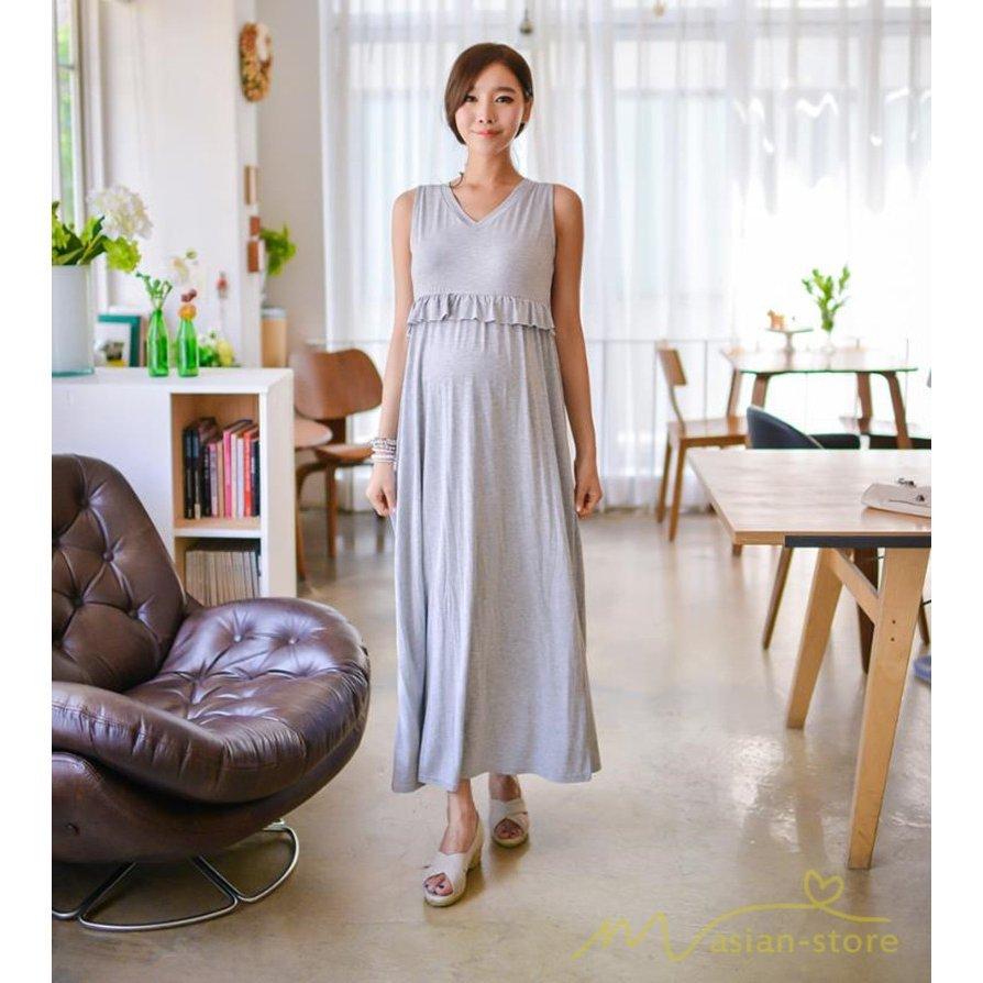 ノースリーブマタニティワンピースロングマタニティワンピース春夏授乳口付き授乳服シンプルマタニティウェア