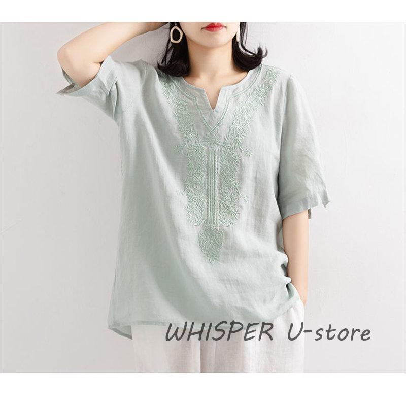 ブラウス Tシャツ レディース 夏 綿麻 リネン 半袖 刺繍 ス 無地 薄手 大きいサイズ uvカット ゆったり 柔らかい カジュアル |  | 10