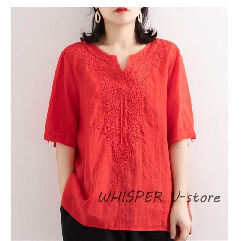 ブラウス Tシャツ レディース 夏 綿麻 リネン 半袖 刺繍 ス 無地 薄手 大きいサイズ uvカット ゆったり 柔らかい カジュアル |  | 18
