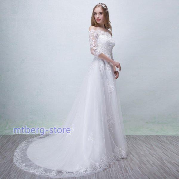 ウエディングドレス ロングドレス 長袖 結婚式 パーティードレス 安い ホワイト 花嫁 ウエディングドレス aライン 二次会 演奏会 フォーマルドレス_2