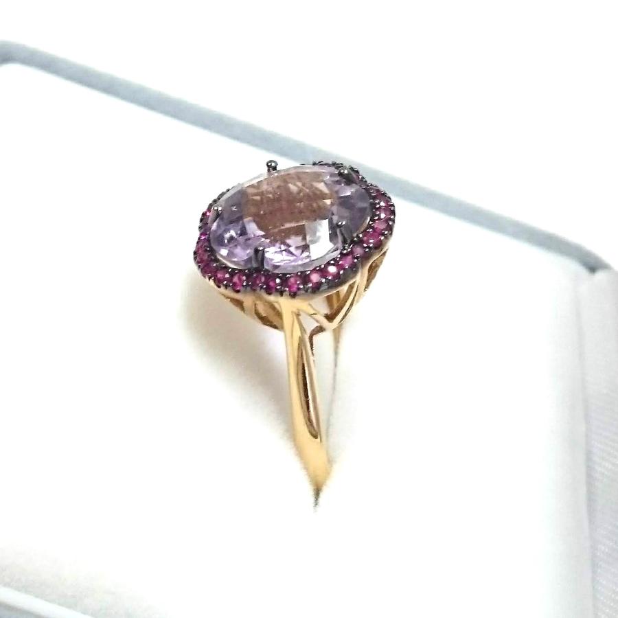 大ぶりアメジストにカラーサファイヤのおしゃれリング K18PG サイズ13