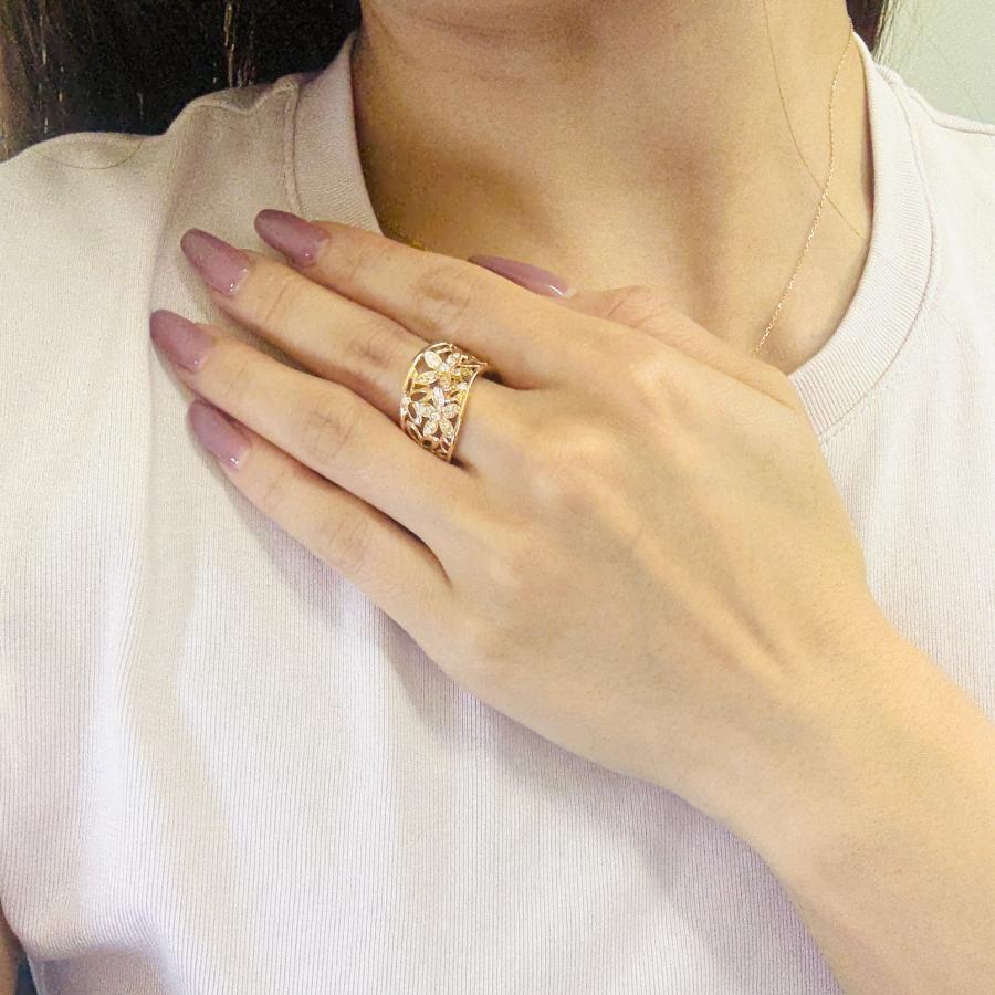 リング 18金 ピンクゴールド ダイヤモンド 0.17ct フラワー ウェーブ 