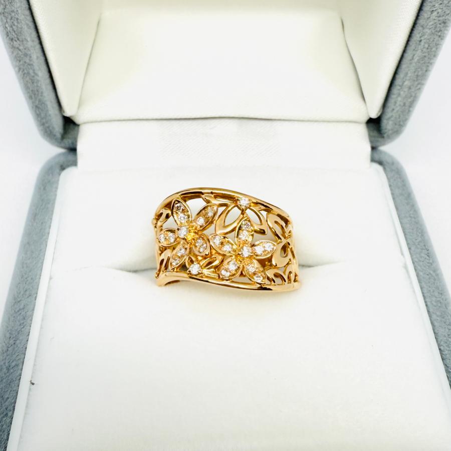 リング 18金 ピンクゴールド ダイヤモンド 0.17ct フラワー ウェーブ 