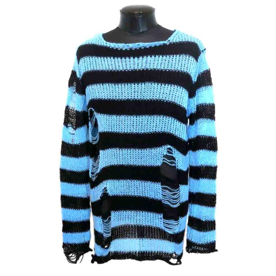 水色 黒 ボーダー ゴシック ロック グランジ ニット ダメージ メンズ