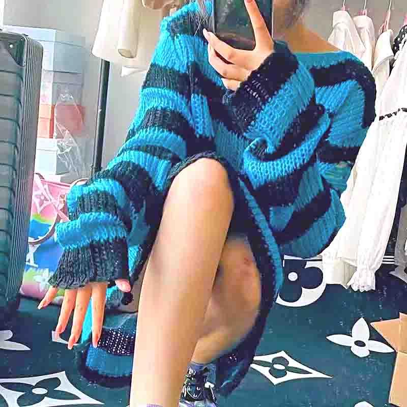 水色 黒 ボーダー ゴシック ロック グランジ ニット ダメージ メンズ