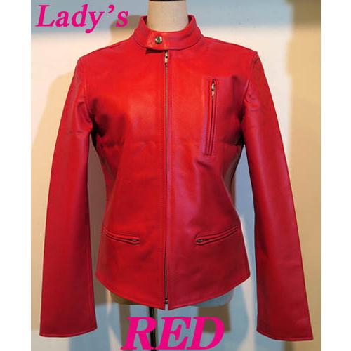 レディース 本革 シングルライダース レザージャケット 赤 レッド RED