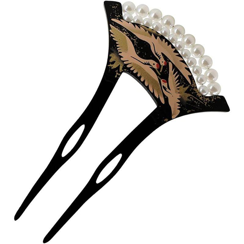 かんざし 髪飾り 扇形 黒 鶴 パール エレガント 着物 和装