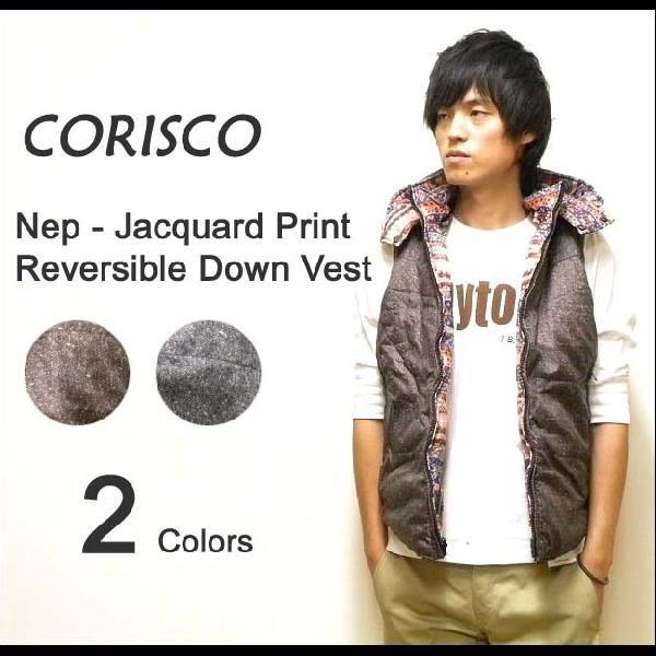 CORISCO（コリスコ） ネップ-ジャガード柄プリント リバーシブル 中綿ダウンベスト 脱着フード付き ツイードプリント ネイティブ柄 アウトドアベスト