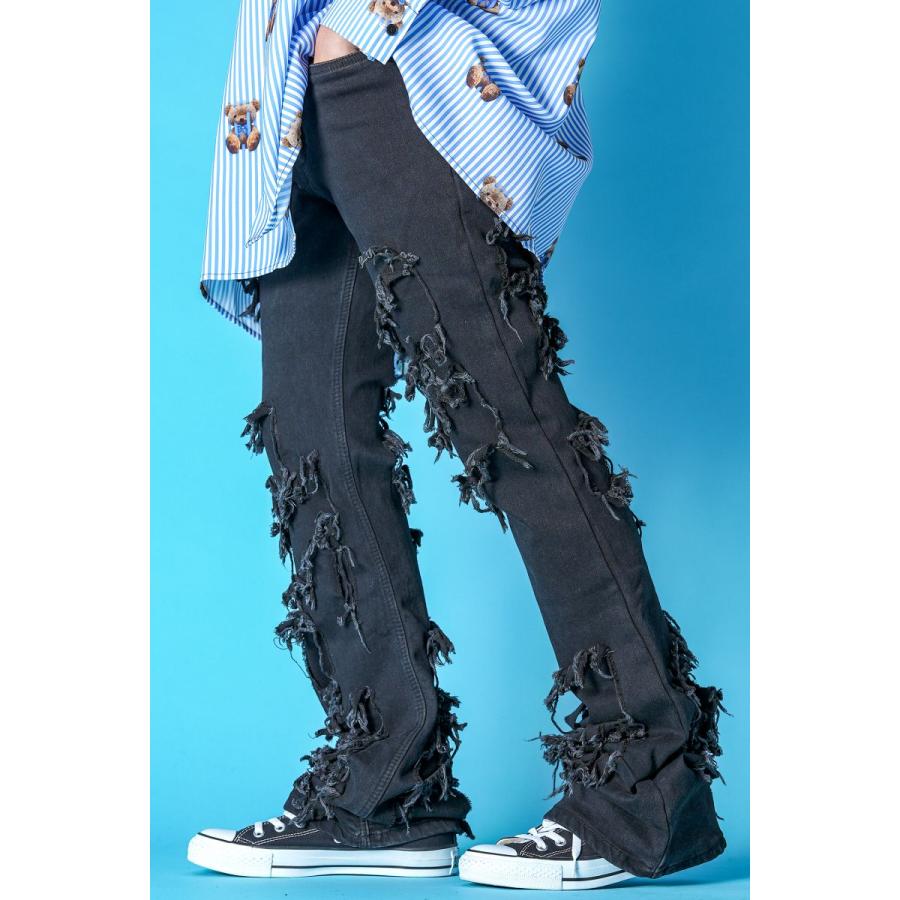 ankoROCK クラッシュ＆ダメージデニムスリムフレアパンツ : ankoROCK