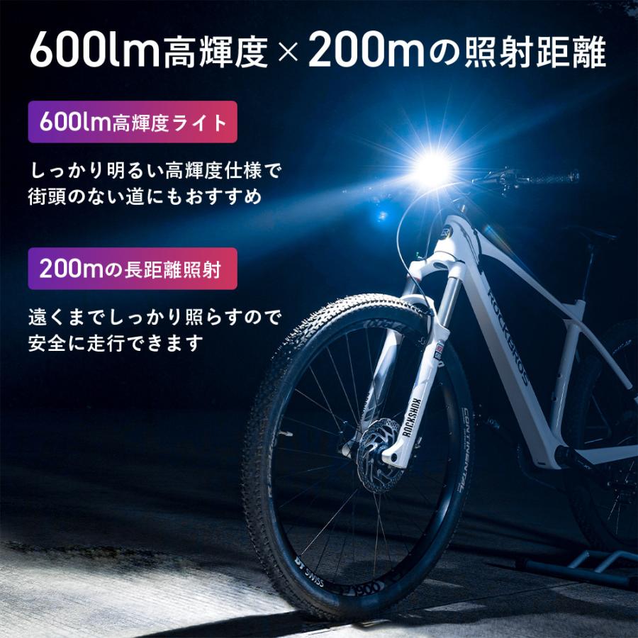 ROCKBROS 自転車 ライト 充電式 USB 後付け 600ルーメン 防水 IPX6 LED
