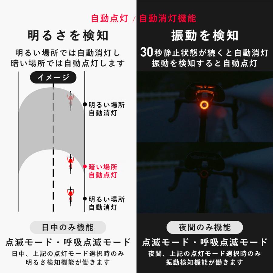 自転車 テールライト リア 自動 点灯 消灯 明るさ調整 ブレーキ警告 LED 防水 USB充電 ロックブロス｜rockbros｜07