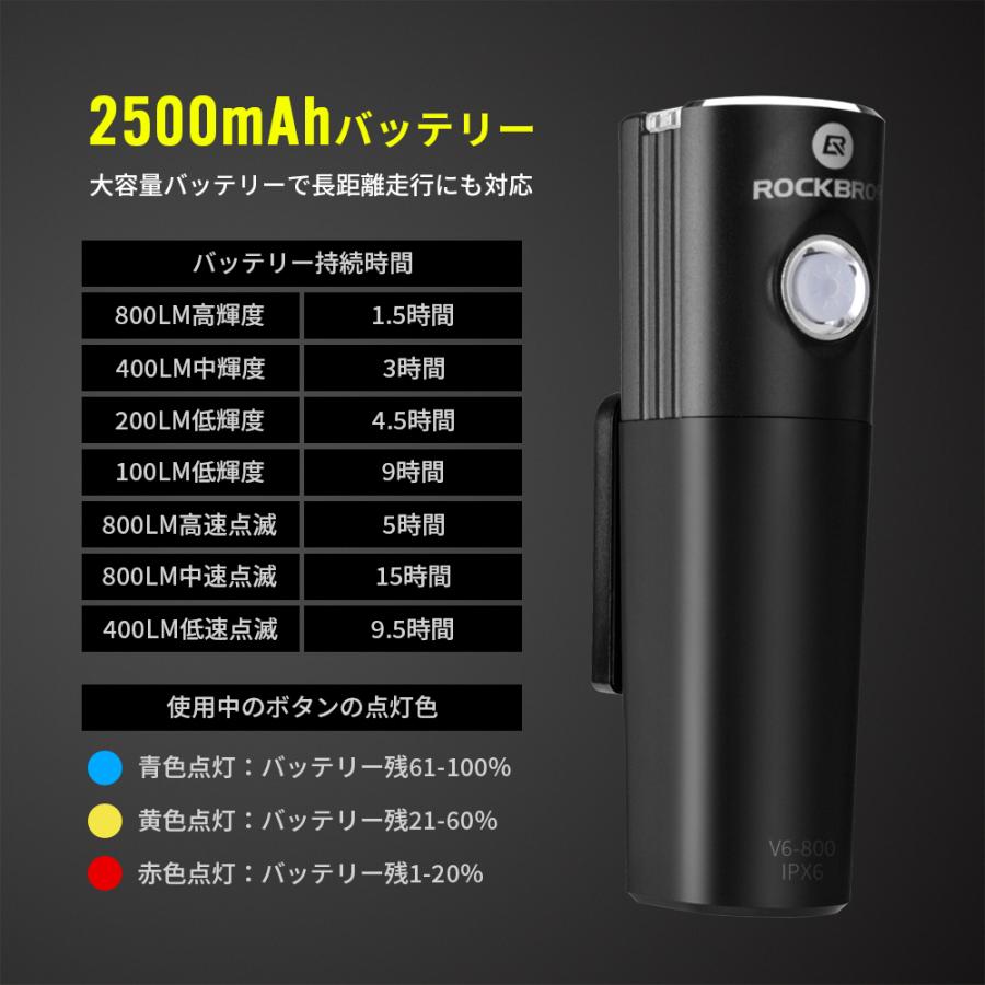 ROCKBROS 自転車 ライト 充電式 USB 後付け 800ルーメン 防水 IPX6