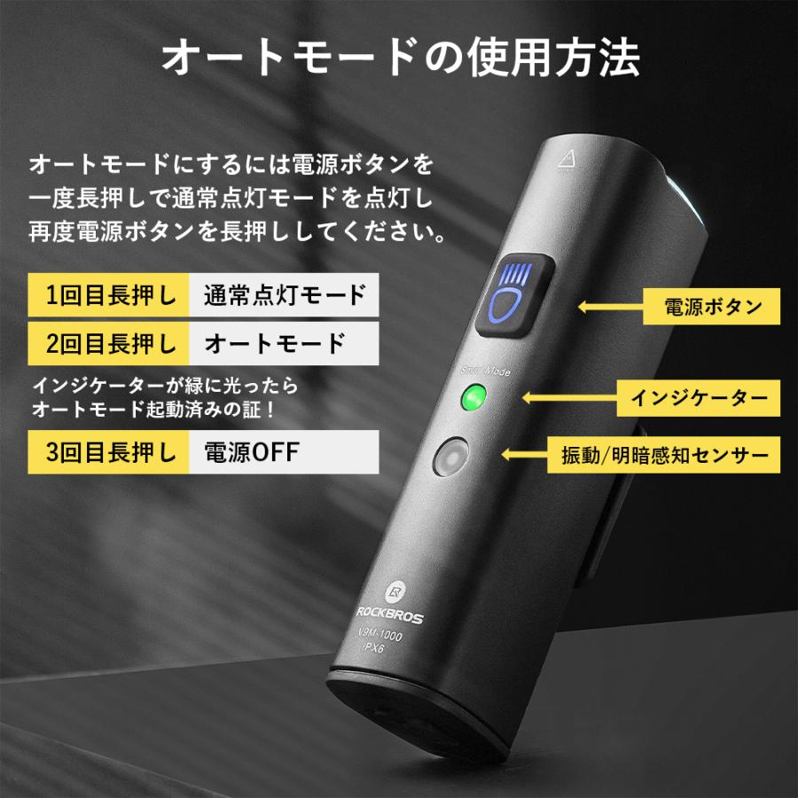 ROCKBROS 自転車 ライト 充電式 USB 後付け 1000ルーメン オート 自動