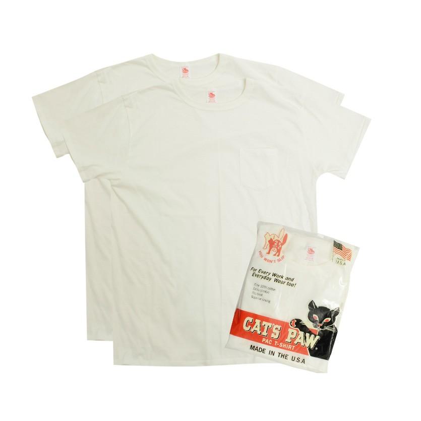 CAT'S PAW キャッツポウ Tシャツ メンズ 無地 半袖 白 ホワイト 2枚セット 2枚組 パックT ポケT ポケットTシャツ アメリカ製 東洋エンタープライズ CP77200｜rodeobros｜02