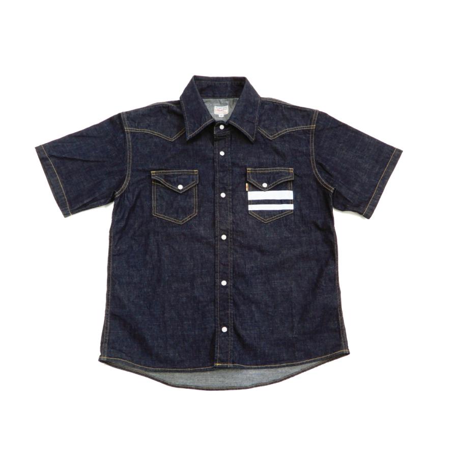 桃太郎ジーンズ　 半袖シャツ 44サイズ 桃太郎ジーンズ（MOMOTARO JEANS） ウエスタンシャツ 出陣ライン 8oz
