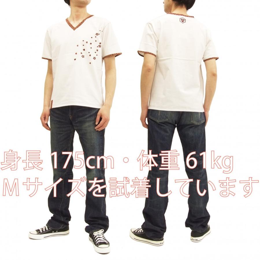 華鳥風月 和柄 Vネック Tシャツ 刺繍 零れ桜 半袖Tシャツ 382212 白