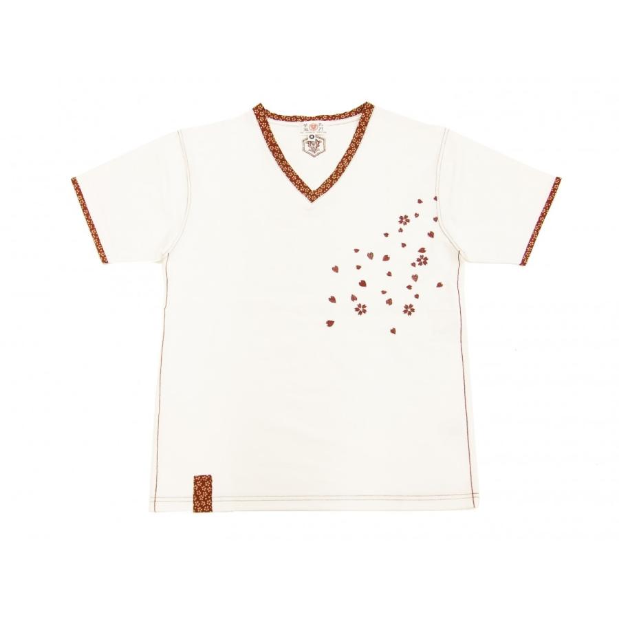 華鳥風月 和柄 Vネック Tシャツ 刺繍 零れ桜 半袖Tシャツ 382212 白