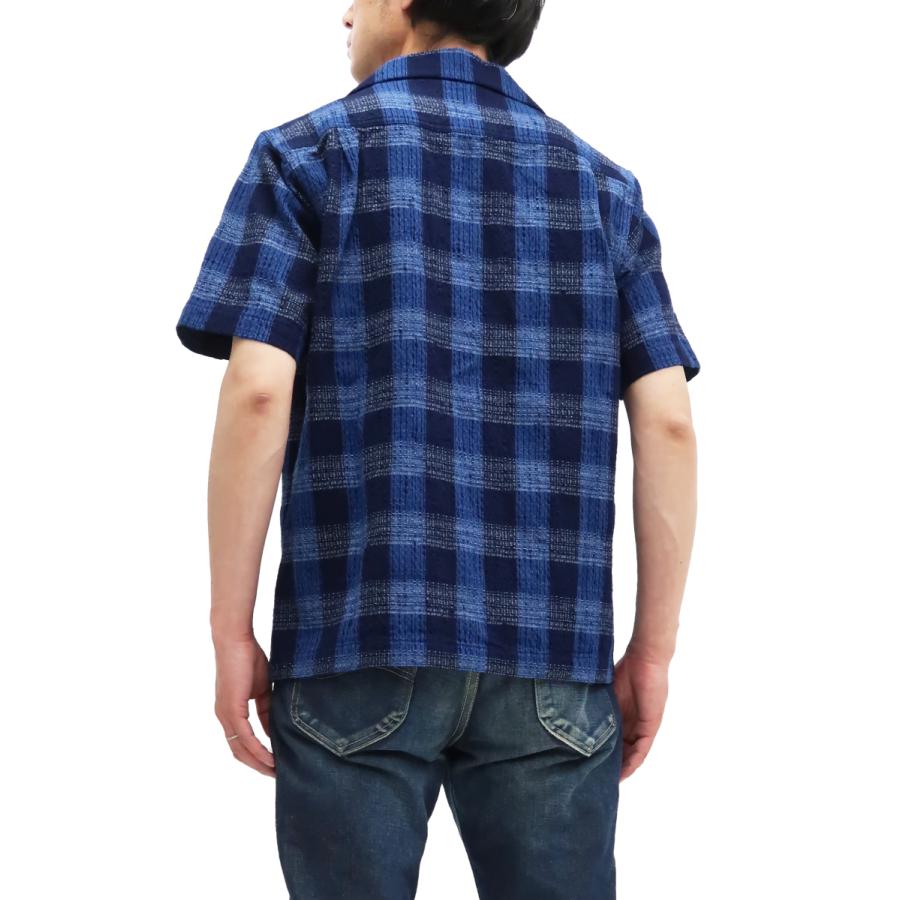 サムライジーンズ 半袖シャツ 藍枷染め 絣チェック オープンカラー  