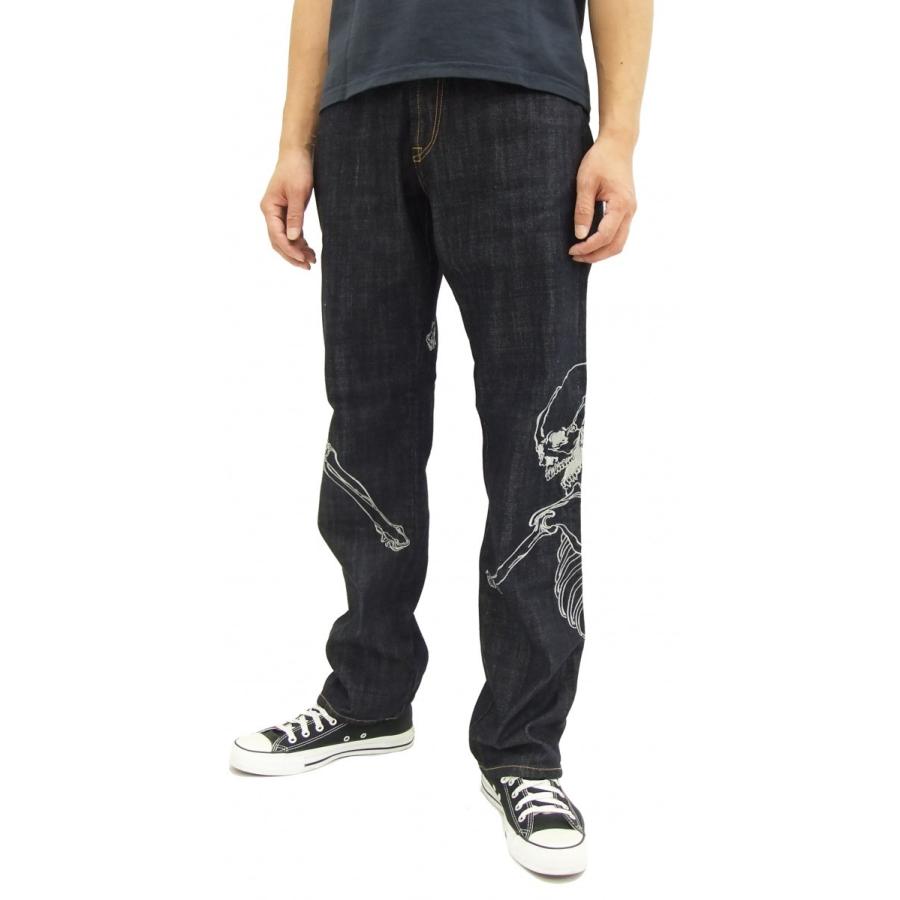花旅楽団 和柄 デニムパンツ SP-601 抱付髑髏刺繍 メンズ ジーンズ インディゴ 新品 花旅楽団 和柄 デニムパンツ SP-601 抱付髑髏刺繍 メンズ ジーンズ