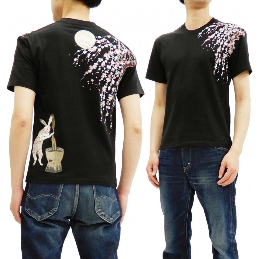 花旅楽団 Tシャツ ST-803 スクリプト 桜と兎 刺繍 メンズ 和柄 半袖Tシャツ 黒 新品｜rodeomatubara