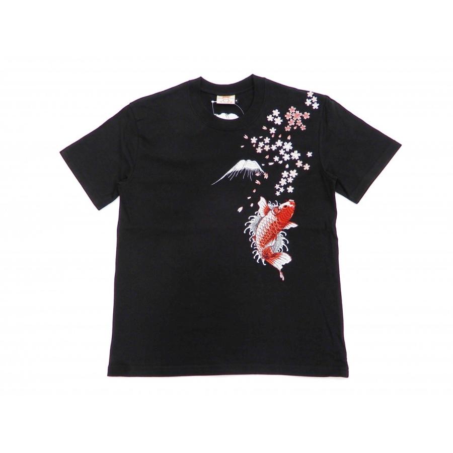 花旅楽団 Tシャツ ST-804 スクリプト 桜と緋鯉 刺繍 メンズ 和柄 半袖Tシャツ 黒 新品｜rodeomatubara｜05
