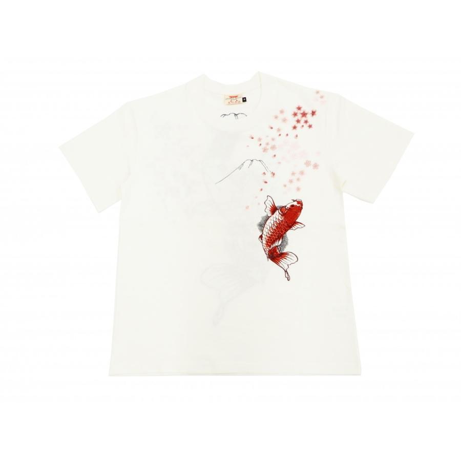 花旅楽団 Tシャツ ST-804 スクリプト 桜と緋鯉 刺繍 メンズ 和柄 半袖Tシャツ 白 新品｜rodeomatubara｜03