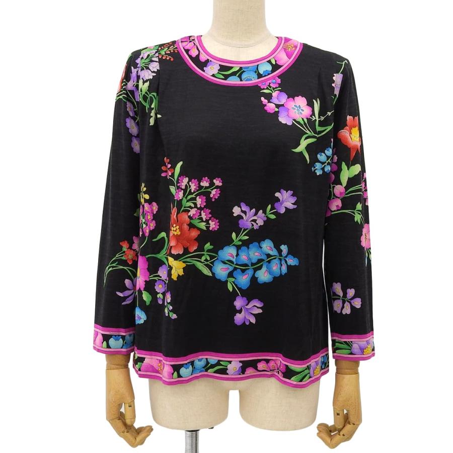 LEONARD レオナール 黒 花柄 長袖カットソー ウールシルク L LEONARD（レオナール） 花柄 カットソー トップス 長袖 ウール×シルク