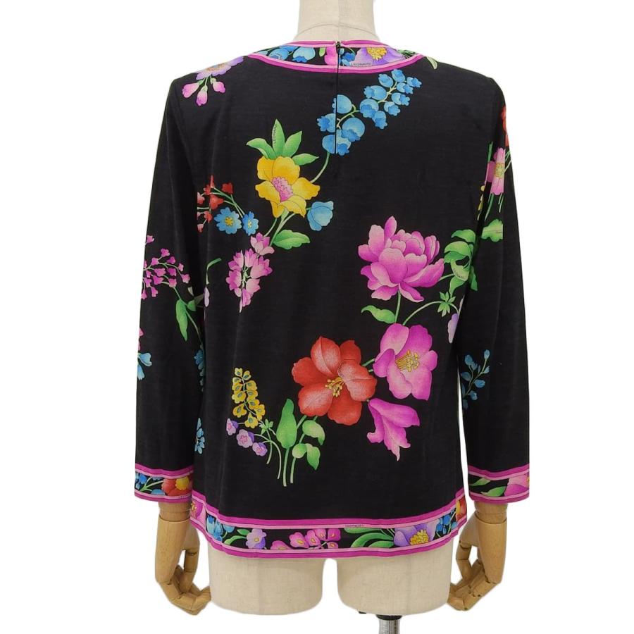 LEONARD レオナール 黒 花柄 長袖カットソー ウールシルク L LEONARD（レオナール） 花柄 カットソー トップス 長袖 ウール×シルク
