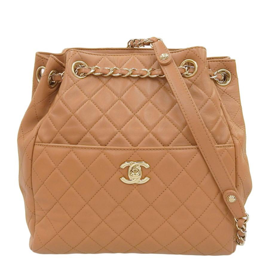 シャネル CHANEL 巾着 チェーン ショルダーバッグ ラムスキン ベージュ 