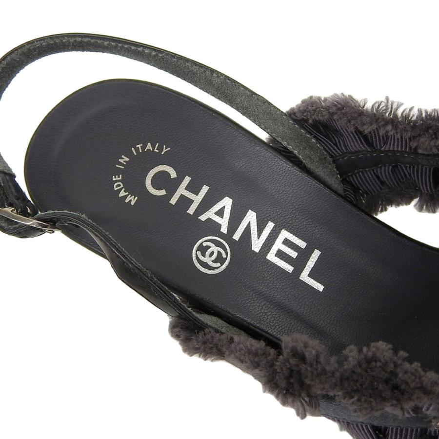 シャネル CHANEL リボン サンダル パテントレザー グレー×ブラック 37C 