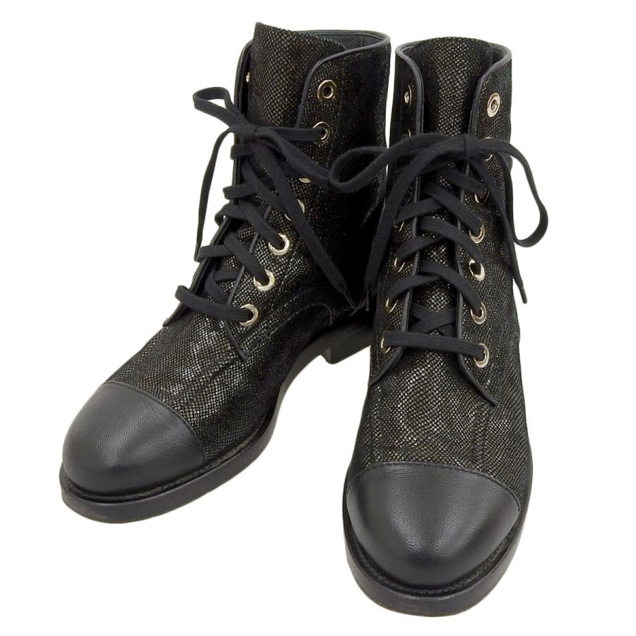 ふ*☆様 美品☆CHANEL【シャネル】ココマーク レザーショートブーツ ココマーク ショート レースアップ ブーツ レザー ブラック シャネル