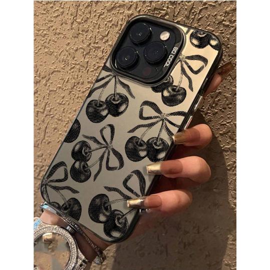 iPhone7/8/X/11/12/13/14/15 韓国 iPhoneケース ブラック さくらんぼ