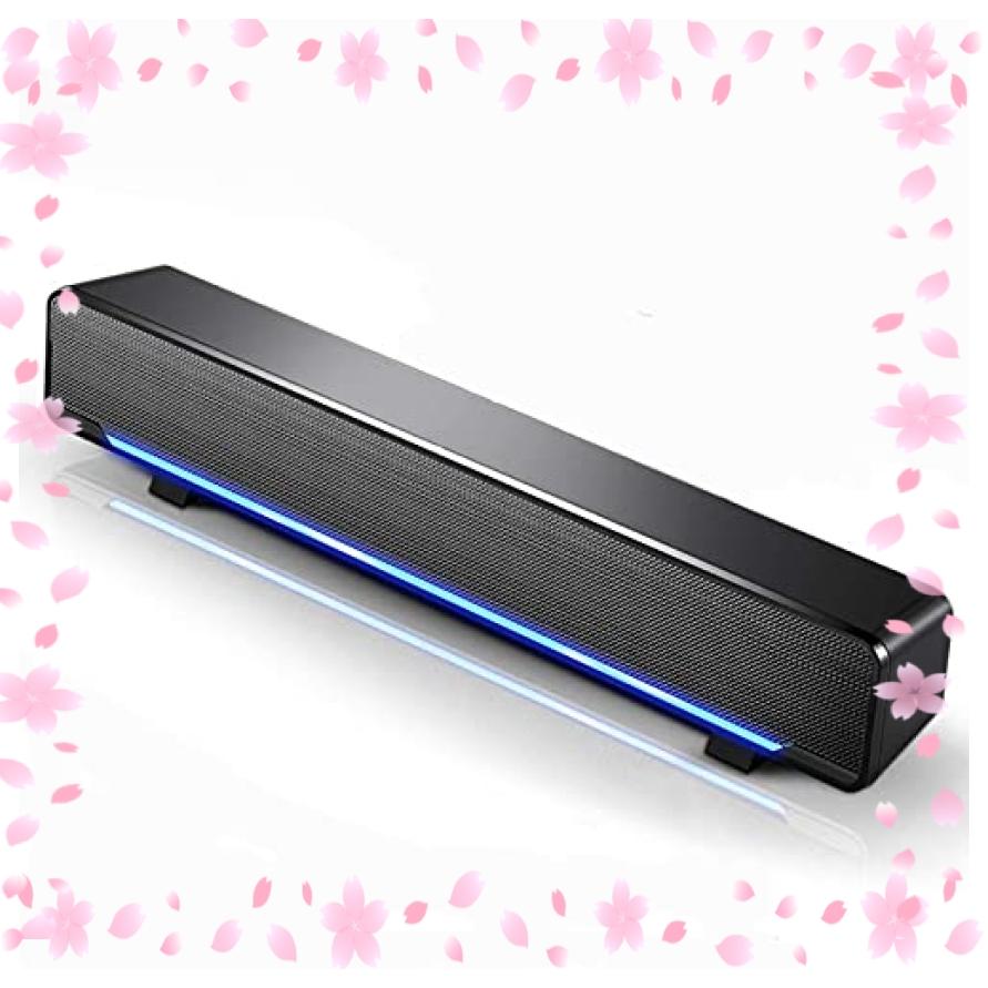 Phission PCスピーカー USB電源と3.5mm AUX有線サウンドバー 2.0ステレオ音質 青LEDライト