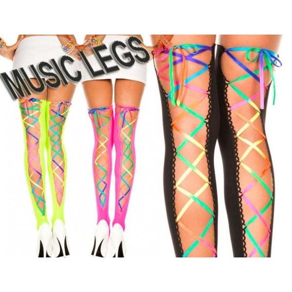 MusicLegs(ミュージックレッグ) レインボーリボン編み上げサイハイタイツ/ストッキング 4210 派手 カラフル ダンス パーティー 衣装 ダンサー 舞台 コスプレ｜rollincandy