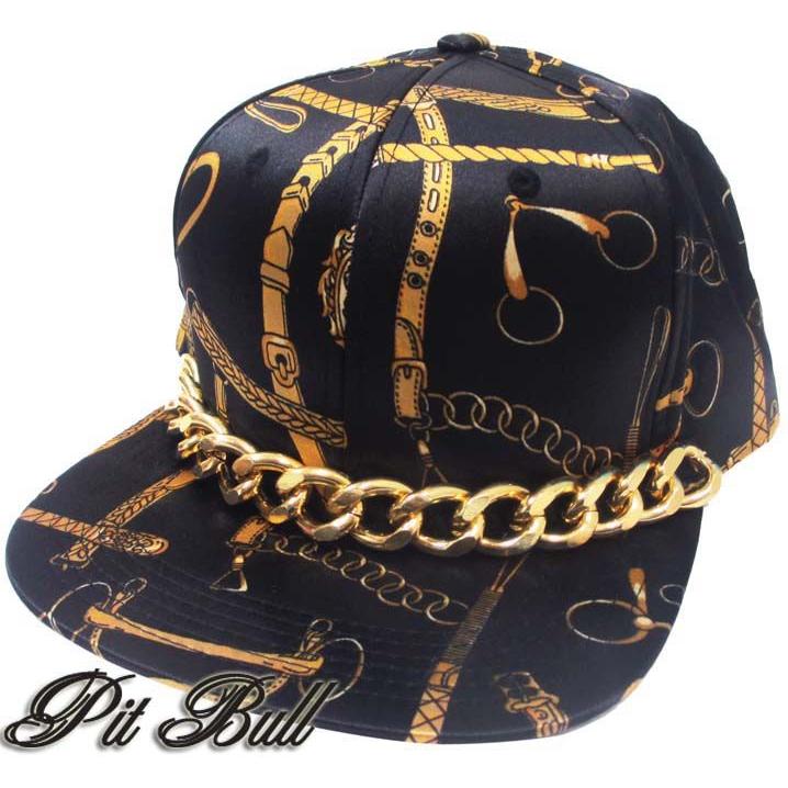 LA直輸入♪PIT BULL (ピットブル) ゴールドチェーン付きチェーン総柄サテン地ベースボールキャップ HIPHOP B系 ヒップホップ ローライダー | 