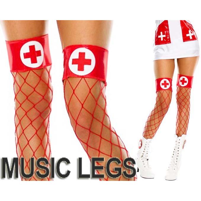 MusicLegs(ミュージックレッグ) ナース風ワイドビニールトップサイハイ網タイツ/ストッキング 4884 白 赤 パーティー 看護婦 コスプレ ニーハイ ハロウィン｜rollincandy