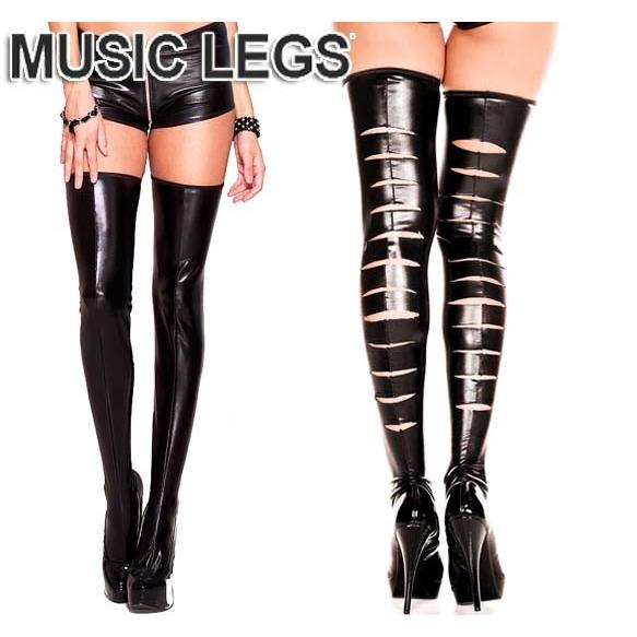 MusicLegs(ミュージックレッグ) ウェットルックカットバックシームサイハイストッキング/タイツ4887ブラック ボンテージ女王様メタリックフェティッシュ | 