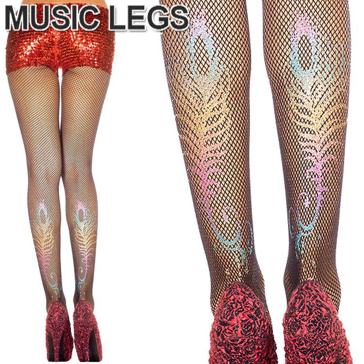 MusicLegs(ミュージックレッグ) くじゃくプリントスパンデックスフィッシュネットストッキング/タイツ ML39001 黒 レインボー マルチカラー ピーコック 孔雀 | 