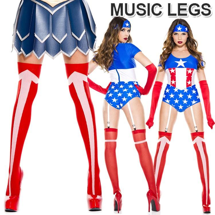 MusicLegs(ミュージックレッグ)アメリカンヒーロー風サイハイストッキング/タイツ ML4663 レッド ホワイト 矢印 ニーハイ オーバーニーソックス コスプレ | 
