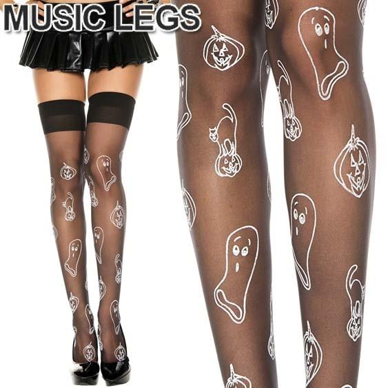 MusicLegs(ミュージックレッグス)パンプキン＆ゴーストプリントシアーサイハイストッキング/タイツ ML4514黒白ニーハイブラックハロウィンコスプレコスチューム | 