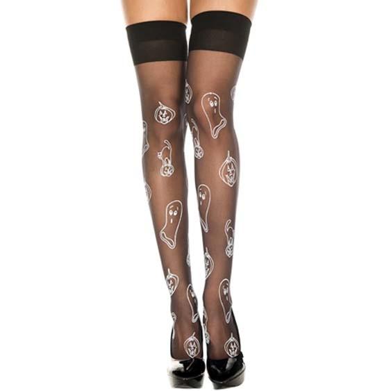 MusicLegs(ミュージックレッグス)パンプキン＆ゴーストプリントシアーサイハイストッキング/タイツ ML4514黒白ニーハイブラックハロウィンコスプレコスチューム |  | 01