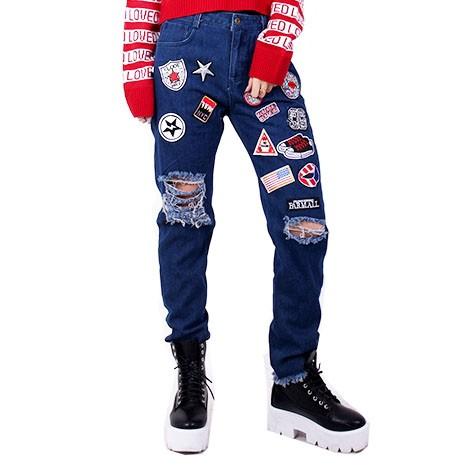 クラッシュ加工 ワッペン付きデニムパンツ B系 ストリート系